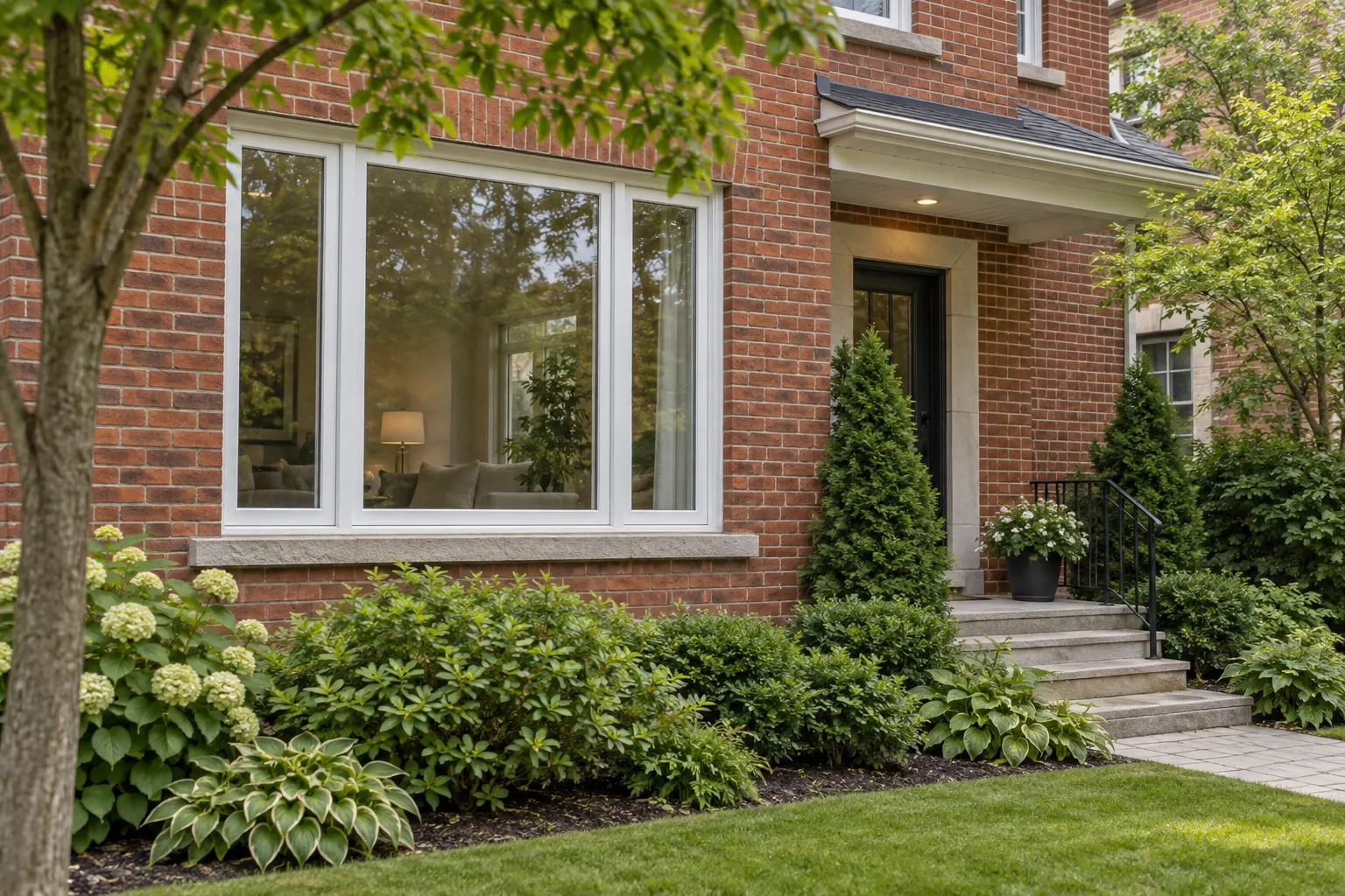 White-framed windows on a red-brick home with a leafy front garden