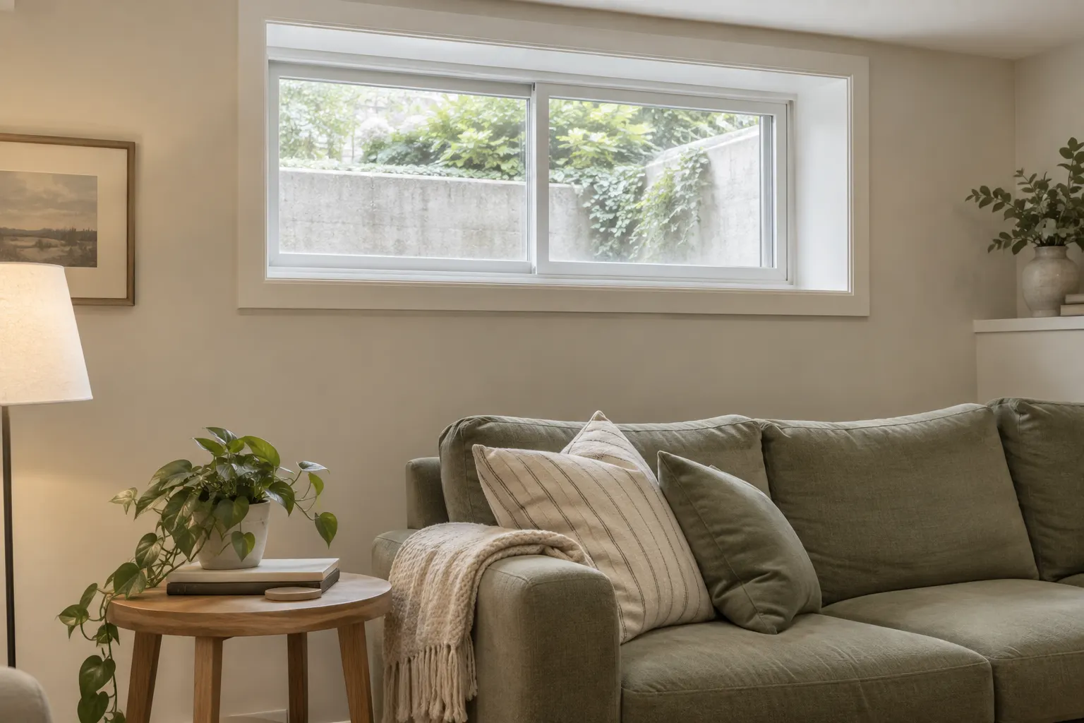 A horizontal sliding window bringing daylight into a finished basement sitting area