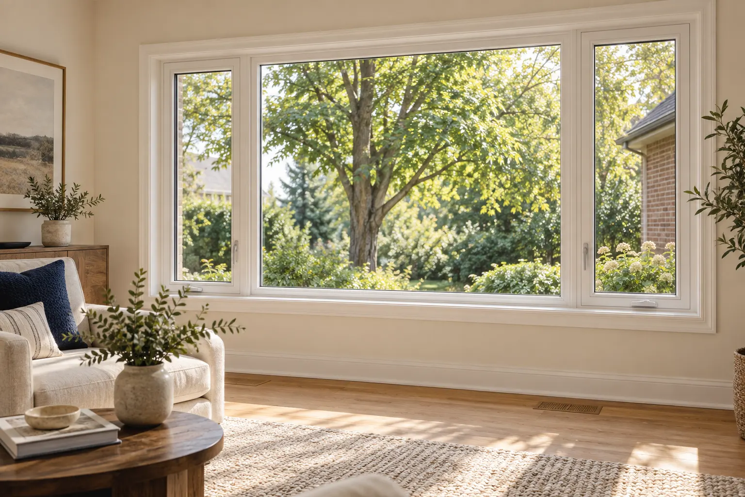 Sunlit sitting room with a broad white-framed window overlooking leafy trees